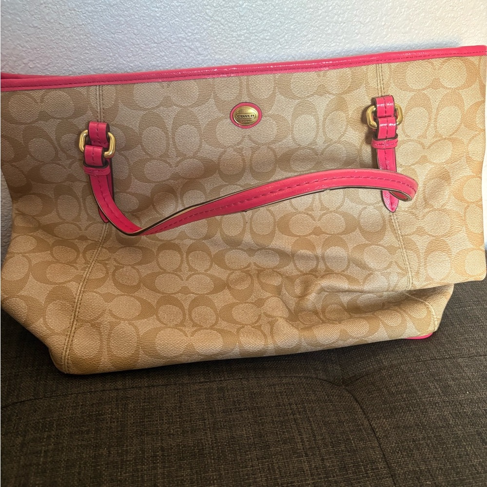 Coach Tan and Pink Signature Tote with Gold Hardware